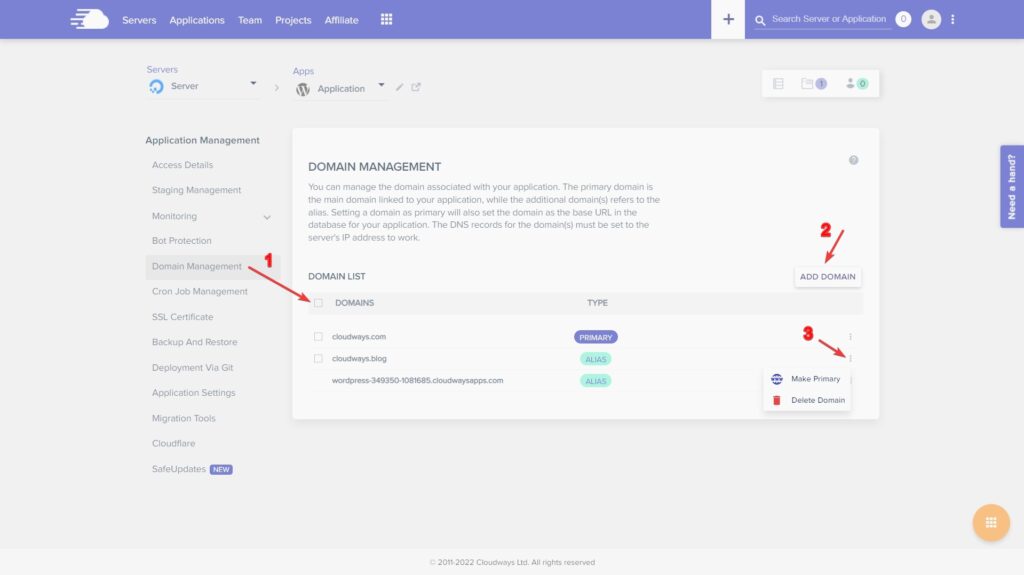 Domain Management with cloudways review page